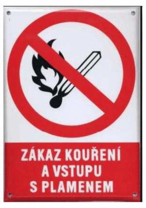 Smaltovaná tabulka - Symbol s textem: "Zákaz kouření a vstupu s plamenem"