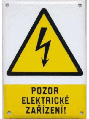 Smaltovaná tabulka - Symbol s textem: "Pozor elektrické zařízení"