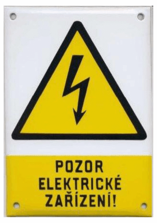 Smaltovaná tabulka - Symbol s textem: "Pozor elektrické zařízení"