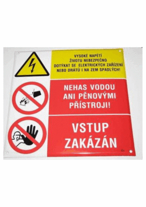Smaltovaná tabulka - Symbol s textem: "Vysoké napětí - Životu nebezpečno dotýkat se elektrických zařízení nebo drátů i na zem spadlých! / Nehas vodou ani pěnovými přístroji / Vstup zakázán!"