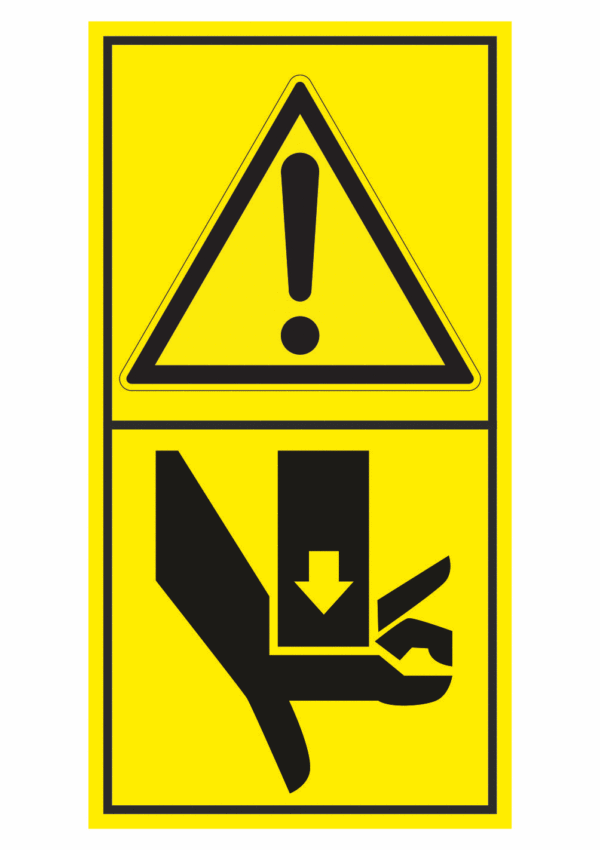 Značení strojů dle ISO 11 684 - Kombinovaný štítek: Výstraha / Nebezpečí zmáčknutí ruky shora (Vertikální)