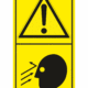 Značení strojů dle ISO 11 684 - Kombinovaný štítek: Výstraha / Nebezpečí zásahu hlavy letícími objekty (Vertikální)