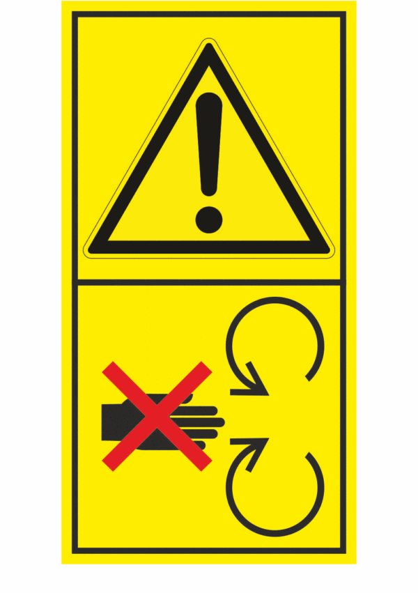 Značení strojů dle ISO 11 684 - Kombinovaný štítek: Výstraha / Neotvírej, neodstraňuj bezpečnostní kryt pokud je stroj v chodu (Vertikální)