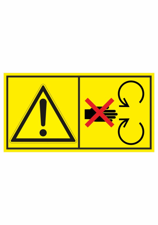 Značení strojů dle ISO 11 684 - Kombinovaný štítek: Výstraha / Neotvírej, neodstraňuj bezpečnostní kryt pokud je stroj v chodu (Horizontální)