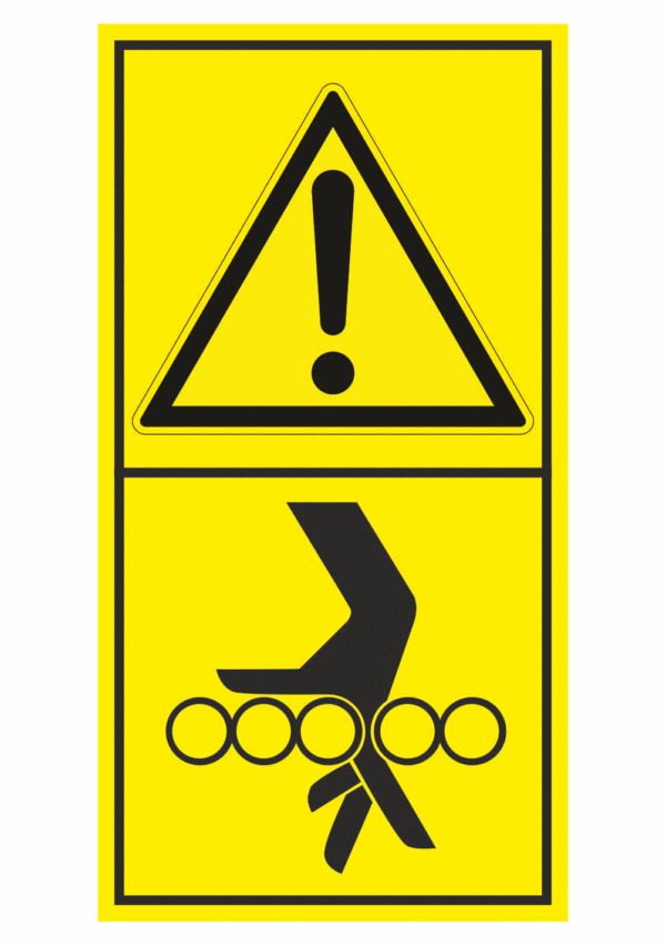 Značení strojů dle ISO 11 684 - Kombinovaný štítek: Výstraha / Nebezpečí vtáhnutí ruky mezi válečky (Vertikální)