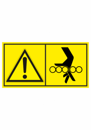 Značení strojů dle ISO 11 684 - Kombinovaný štítek: Výstraha / Nebezpečí vtáhnutí ruky mezi válečky (Horizontální)