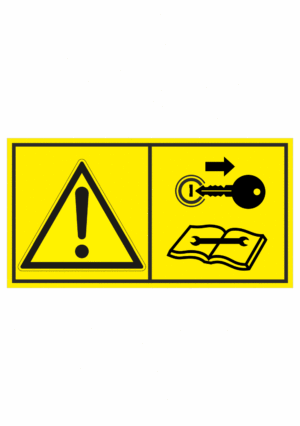Značení strojů dle ISO 11 684 - Kombinovaný štítek: Výstraha / Před údržbou a opravou strojů vyjmi klíč (Horizontální)