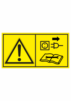 Značení strojů dle ISO 11 684 - Kombinovaný štítek: Výstraha / Před údržbou a opravou strojů odpojte ze sítě (Horizontální)