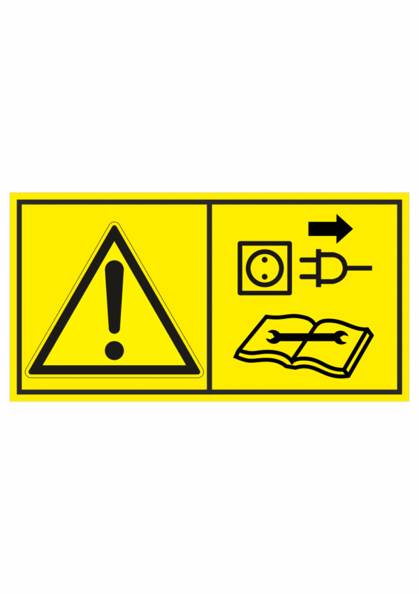 Značení strojů dle ISO 11 684 - Kombinovaný štítek: Výstraha / Před údržbou a opravou strojů odpojte ze sítě (Horizontální)