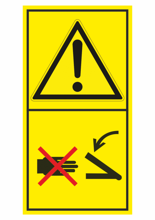Značení strojů dle ISO 11 684 - Kombinovaný štítek: Výstraha / Nesahej do tohoto prostoru - střižné části (Vertikální)