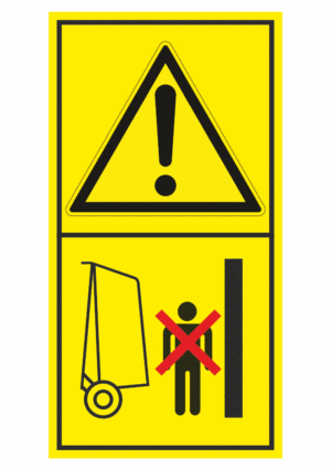 Značení strojů dle ISO 11 684 - Kombinovaný štítek: Výstraha / Nevstupuj do prostoru při pohybu stroje - otvírání (Vertikální)