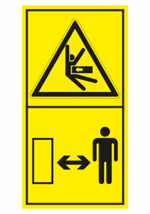 Značení strojů dle ISO 11 684 - Kombinovaný štítek: Nebezpečí stlačení ze strany / Dodržuj bezpečnou vzdálenost (Vertikální)