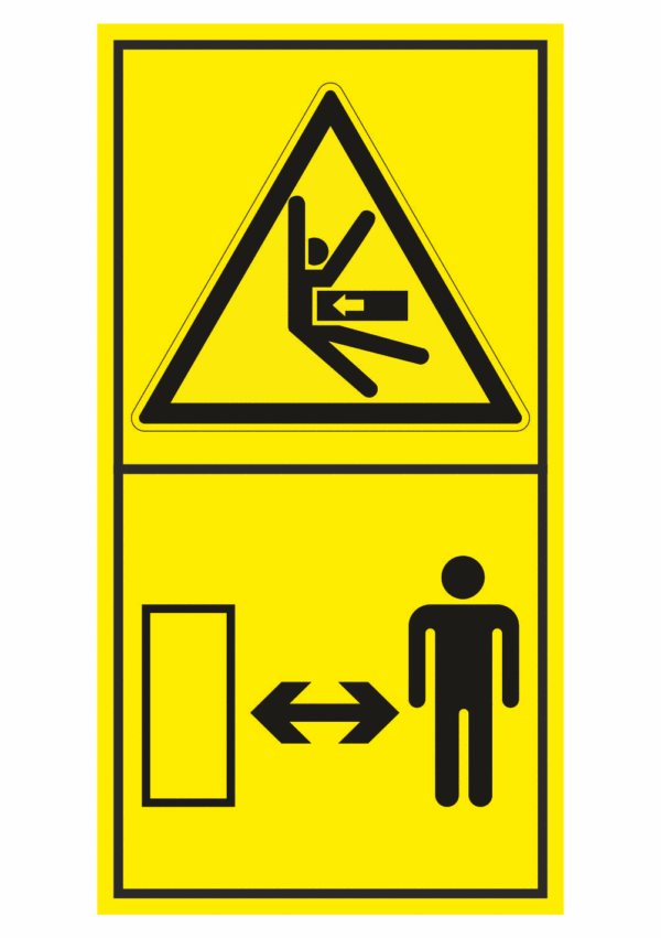Značení strojů dle ISO 11 684 - Kombinovaný štítek: Nebezpečí stlačení ze strany / Dodržuj bezpečnou vzdálenost (Vertikální)