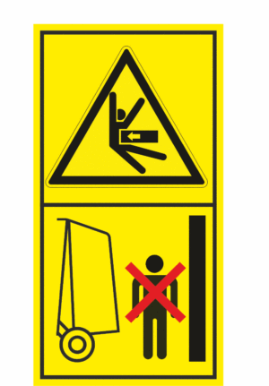 Značení strojů dle ISO 11 684 - Kombinovaný štítek: Nebezpečí stlačení ze strany / Nevstupuj do zóny otevírání stroje (Vertikální)