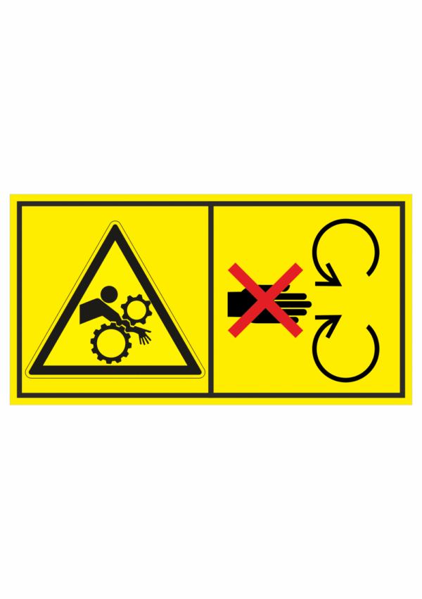 Značení strojů dle ISO 11 684 - Kombinovaný štítek: Nebezpečí vtažení / Neodstraňuj bezpečnostní kryt pokud je stroj v běhu (Horizontální)