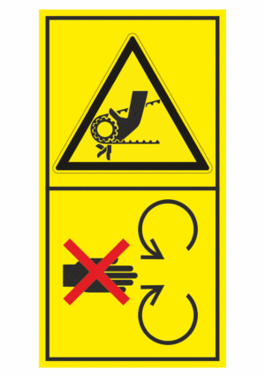 Značení strojů dle ISO 11 684 - Kombinovaný štítek: Nebezpečí řetěz nebo ozubený řemen / Neodstraňuj bezpečnostní kryt pokud je stroj v běhu (Vertikální)