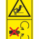 Značení strojů dle ISO 11 684 - Kombinovaný štítek: Nebezpečí řetěz nebo ozubený řemen / Neodstraňuj bezpečnostní kryt pokud je stroj v běhu (Vertikální)