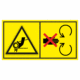 Značení strojů dle ISO 11 684 - Kombinovaný štítek: Nebezpečí řetěz nebo ozubený řemen / Neodstraňuj bezpečnostní kryt pokud je stroj v běhu (Horizontální)