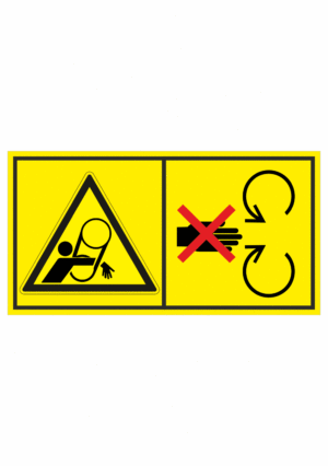 Značení strojů dle ISO 11 684 - Kombinovaný štítek: Nebezpečí pásový pohon / Neodstraňuj bezpečnostní kryt pokud je stroj v běhu (Horizontální)