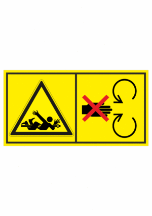 Značení strojů dle ISO 11 684 - Kombinovaný štítek: Nebezpečí točicí hřídel / Neodstraňuj bezpečnostní kryt pokud je stroj v běhu (Horizontální)
