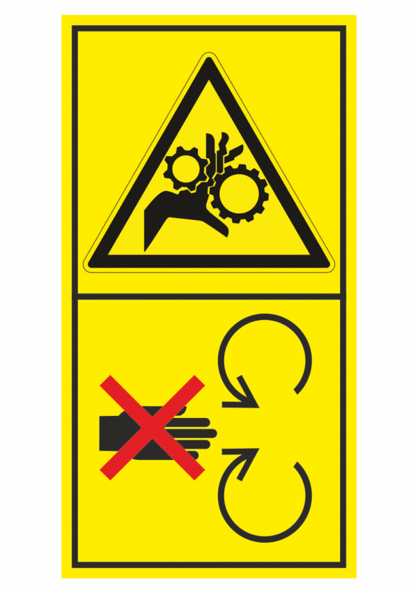 Značení strojů dle ISO 11 684 - Kombinovaný štítek: Nebezpečí vtažení prstů / Neodstraňuj bezpečnostní kryt pokud je stroj v běhu (Vertikální)