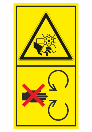 Značení strojů dle ISO 11 684 - Kombinovaný štítek: Nebezpečí vtažení prstů / Neodstraňuj bezpečnostní kryt pokud je stroj v běhu (Vertikální)