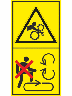 Značení strojů dle ISO 11 684 - Kombinovaný štítek: Nebezpečí vtažení / Nevstupuj na pohyblivé části stroje (Vertikální)