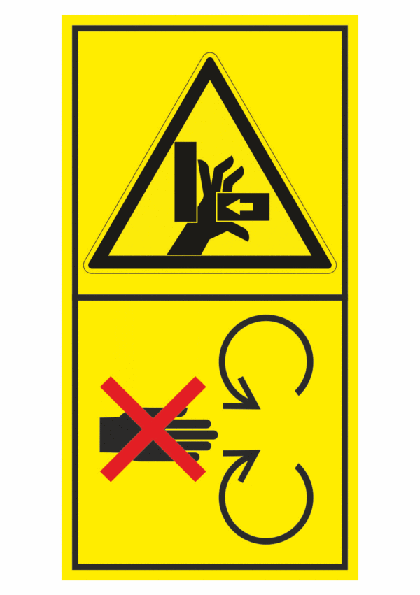 Značení strojů dle ISO 11 684 - Kombinovaný štítek: Nebezpečí stlačení ruky / Neodstraňuj bezpečnostní kryt pokud je stroj v běhu (Vertikální)
