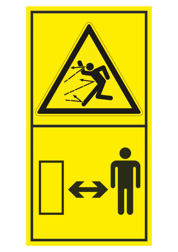 Značení strojů dle ISO 11 684 - Kombinovaný štítek: Nebezpečí zásahu těla odletujícími objekty / Dodržuj bezpečnou vzdálenost (Vertikální)