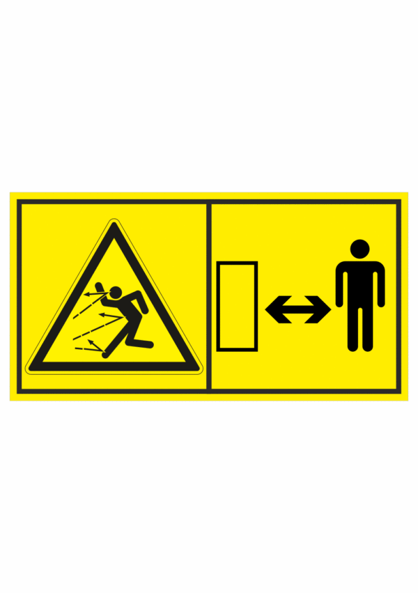 Značení strojů dle ISO 11 684 - Kombinovaný štítek: Nebezpečí zásahu těla odletujícími objekty / Dodržuj bezpečnou vzdálenost (Horizontální)