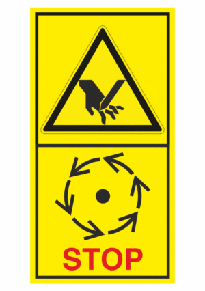 Značení strojů dle ISO 11 684 - Kombinovaný štítek: Nebezpečí useknutí prstů nebo ruky / Vyčkej před manipulaci nebo otevřením až do úplného zastavení pohybujících se částí (Vertikální)