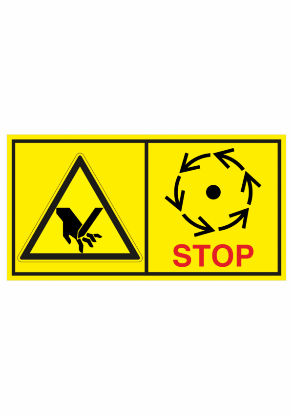 Značení strojů dle ISO 11 684 - Kombinovaný štítek: Nebezpečí useknutí prstů nebo ruky / Vyčkej před manipulaci nebo otevřením až do úplného zastavení pohybujících se částí (Horizontální)