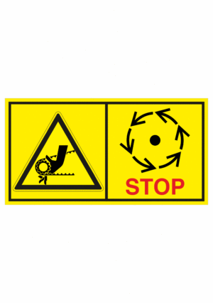 Značení strojů dle ISO 11 684 - Kombinovaný štítek: Nebezpečí řetěz nebo ozubený řemen / Vyčkej před manipulaci nebo otevřením až do úplného zastavení pohybujících se částí (Horizontální)