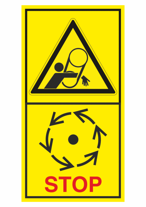Značení strojů dle ISO 11 684 - Kombinovaný štítek: Nebezpečí pásový pohon / Vyčkej před manipulaci nebo otevřením až do úplného zastavení pohybujících se částí (Vertikální)