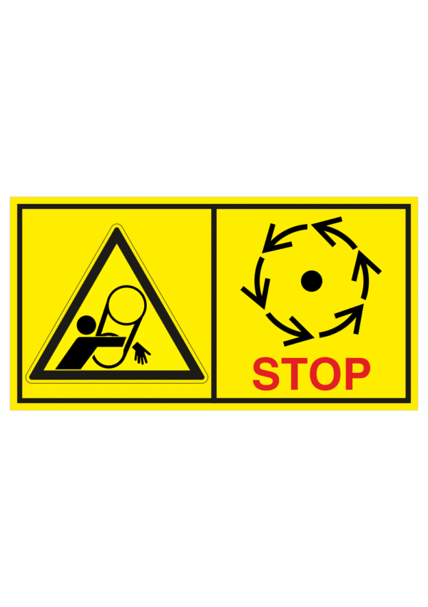 Značení strojů dle ISO 11 684 - Kombinovaný štítek: Nebezpečí pásový pohon / Vyčkej před manipulaci nebo otevřením až do úplného zastavení pohybujících se částí (Horizontální)