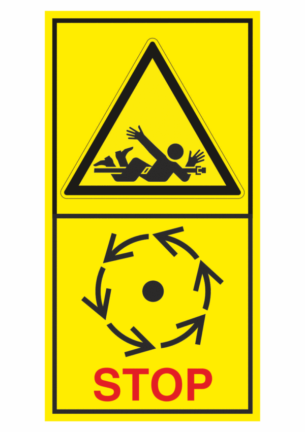 Značení strojů dle ISO 11 684 - Kombinovaný štítek: Nebezpečí točící se hřídel / Vyčkej před manipulaci s otevřením až do úplného zastavení pohybujících se částí (Vertikální)