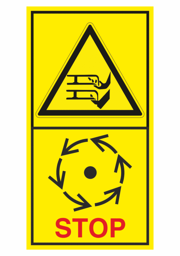 Značení strojů dle ISO 11 684 - Kombinovaný štítek: Nebezpečí useknutí prstů rotující čepelí / Vyčkej před manipulaci nebo otevřením až do úplného zastavení pohybujících se částí (Vertikální)