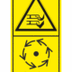 Značení strojů dle ISO 11 684 - Kombinovaný štítek: Nebezpečí useknutí prstů rotující čepelí / Vyčkej před manipulaci nebo otevřením až do úplného zastavení pohybujících se částí (Vertikální)