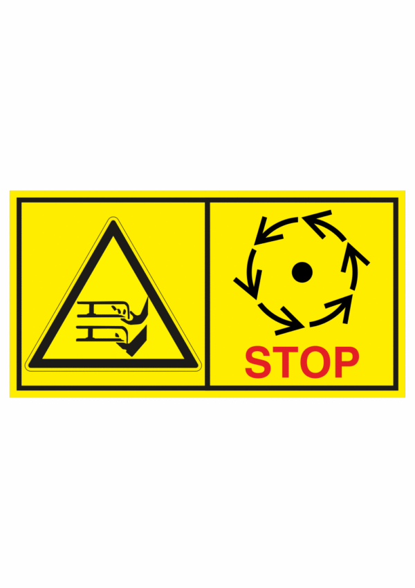 Značení strojů dle ISO 11 684 - Kombinovaný štítek: Nebezpečí useknutí prstů rotující čepelí / Vyčkej před manipulaci nebo otevřením až do úplného zastavení pohybujících se částí (Horizontální)