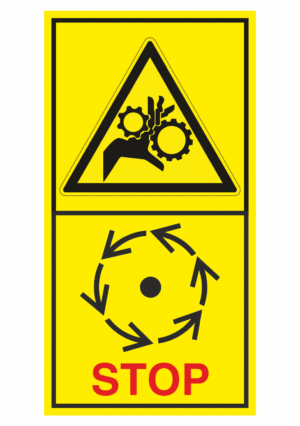 Značení strojů dle ISO 11 684 - Kombinovaný štítek: Nebezpečí vtažení ozubená kola / Vyčkej před manipulaci nebo otevřením až do úplného zastavení pohybujících se částí (Vertikální)