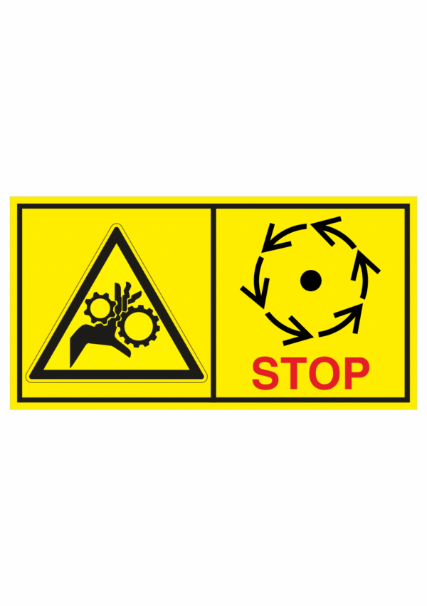 Značení strojů dle ISO 11 684 - Kombinovaný štítek: Nebezpečí vtažení ozubená kola / Vyčkej před manipulaci nebo otevřením až do úplného zastavení pohybujících se částí (Horizontální)