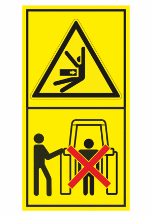 Značení strojů dle ISO 11 684 - Kombinovaný štítek: Nebezpečí stlačení ze strany / Nevstupuj pracovního prostoru stroje (Vertikální)
