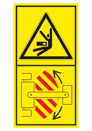 Značení strojů dle ISO 11 684 - Kombinovaný štítek: Nebezpečí stlačení ze strany / Nevstupuj do zóny pohybu stroje (Vertikální)
