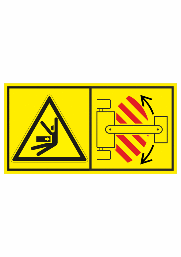 Značení strojů dle ISO 11 684 - Kombinovaný štítek: Nebezpečí stlačení ze strany / Nevstupuj do zóny pohybu stroje (Horizontální)