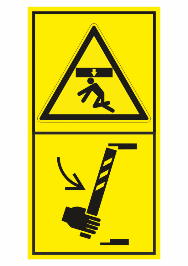 Značení strojů dle ISO 11 684 - Kombinovaný štítek: Nebezpečí stlačení shora / Zajisti podpěrou před vstupem do prostoru stroje (Vertikální)