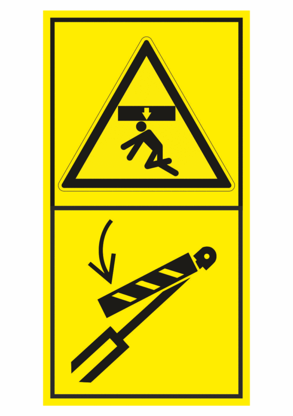 Značení strojů dle ISO 11 684 - Kombinovaný štítek: Nebezpečí stlačení shora / Zajisti hydraulický zvedací válec před vstupem do prostoru stroje (Vertikální)