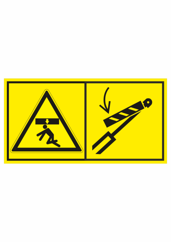 Značení strojů dle ISO 11 684 - Kombinovaný štítek: Nebezpečí stlačení shora / Zajisti hydraulický zvedací válec před vstupem do prostoru stroje (Horizontální)