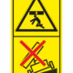 Značení strojů dle ISO 11 684 - Kombinovaný štítek: Nebezpečí stlačení shora / Nevstupuj při vyklápění ve svahu nebo na měkkém povrchu (Vertikální)