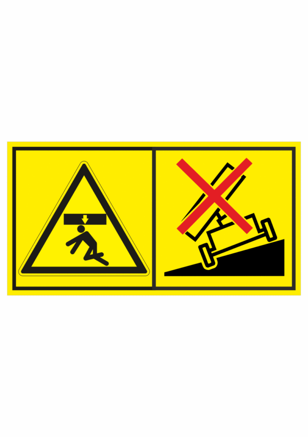 Značení strojů dle ISO 11 684 - Kombinovaný štítek: Nebezpečí stlačení shora / Nevstupuj při vyklápění ve svahu nebo na měkkém povrchu (Horizontální)