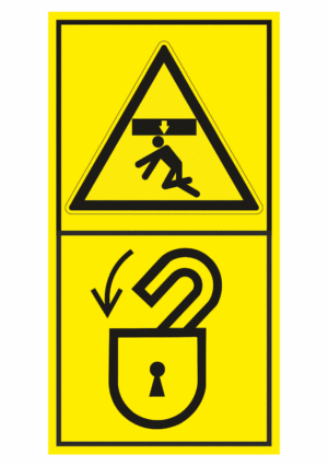Značení strojů dle ISO 11 684 - Kombinovaný štítek: Nebezpečí stlačení shora / Zajisti nebezpečný prostor před začátkem prací (Vertikální)